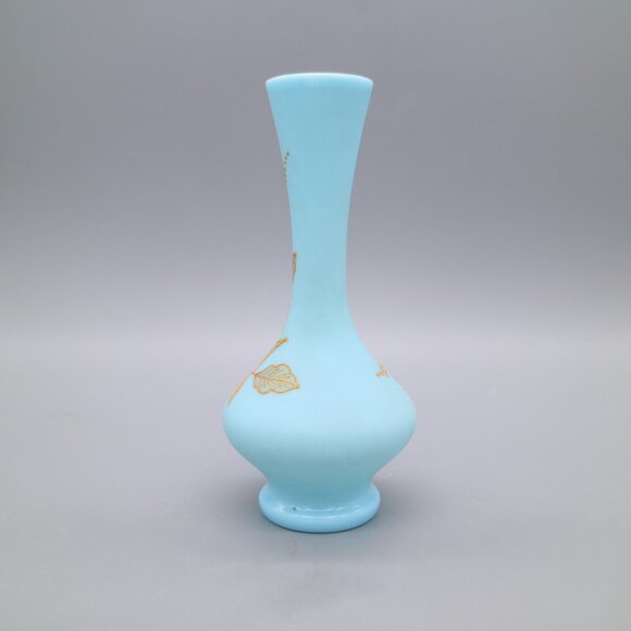 Antique Victorian Blue Bristol Glass Vase with Hand Painted Bird and Floral - Picture 3 of 9